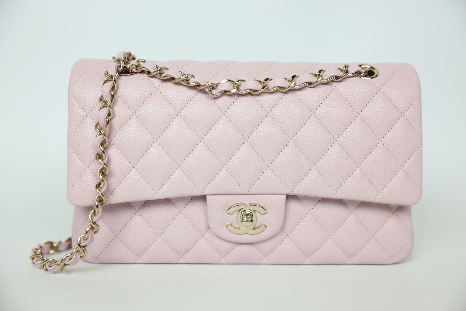 Chanel Classic Double Flap Medium, Light Pink Quilted Caviar with Gold Hardware, Preowned in Box WA001