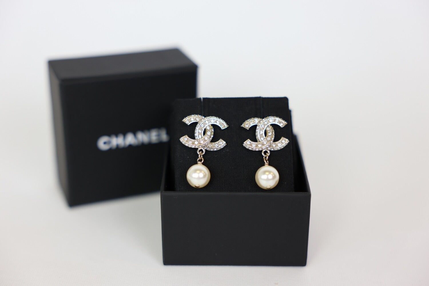 Chanel Earrings, Pearl Drop CC Studs Gold, New In Box WA001