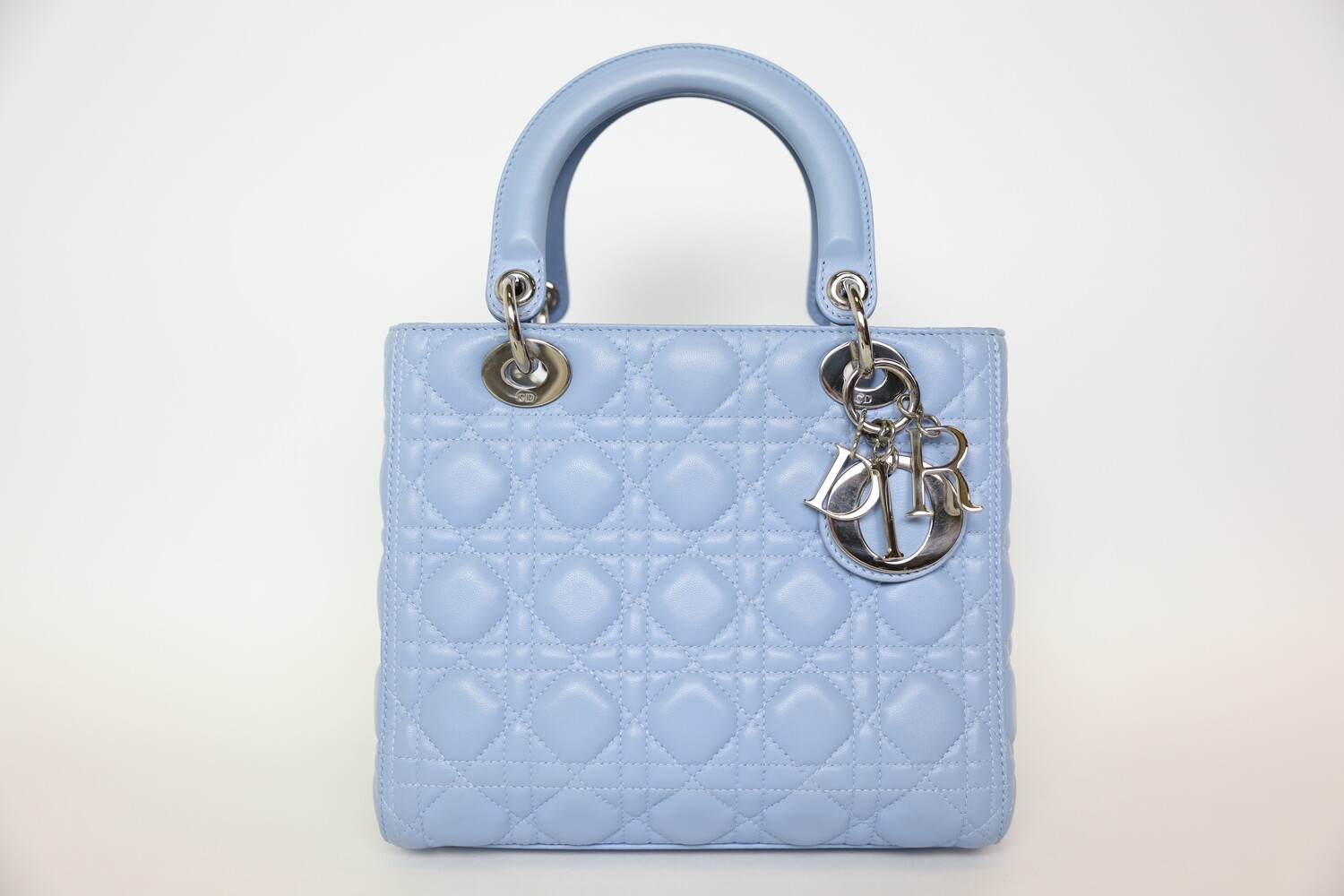 Christian Dior Lady Dior Medium, Blue Cannage Quilt Lambskin With Silver Hardware, Preowned In Dustbag WA001