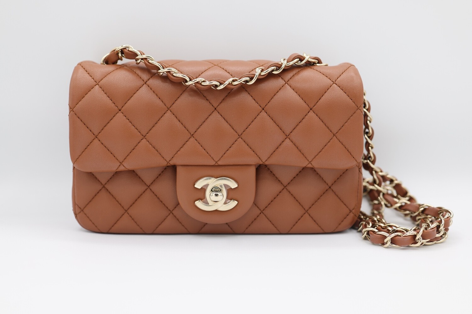 Chanel Classic Mini Rectangular, Brown Lambskin Leather, Gold Hardware, Preowned in Dustbag MA001
