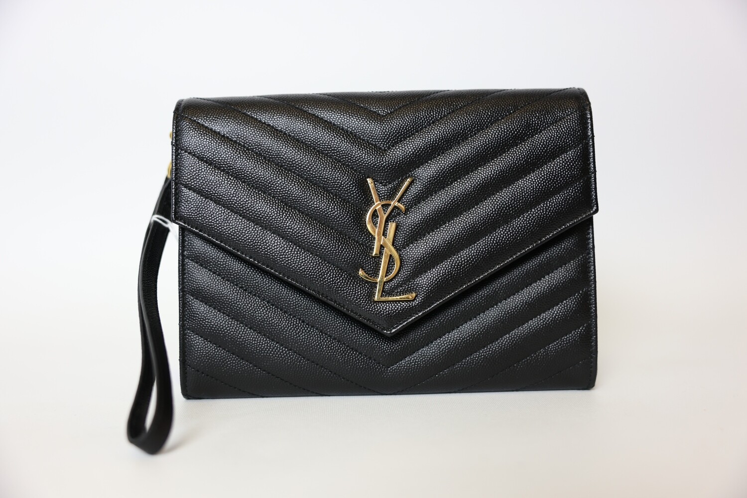 Saint Laurent Pouch, Black Grain De Poudre Embossed Leather With Gold Hardware, Preowned In Box WA001