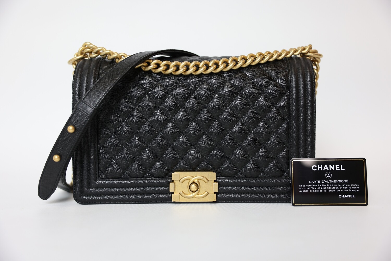 Chanel Boy Large, Black Caviar Leather With Gold Hardware, Preowned In Box WA001