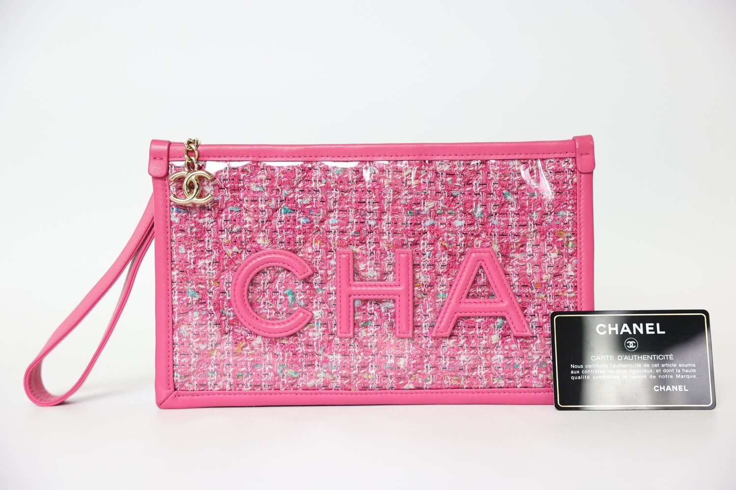 Chanel Clutch Wristlet, Pink Patent PVC Tweed With Gold Hardware, Preowned No Dustbag WA001