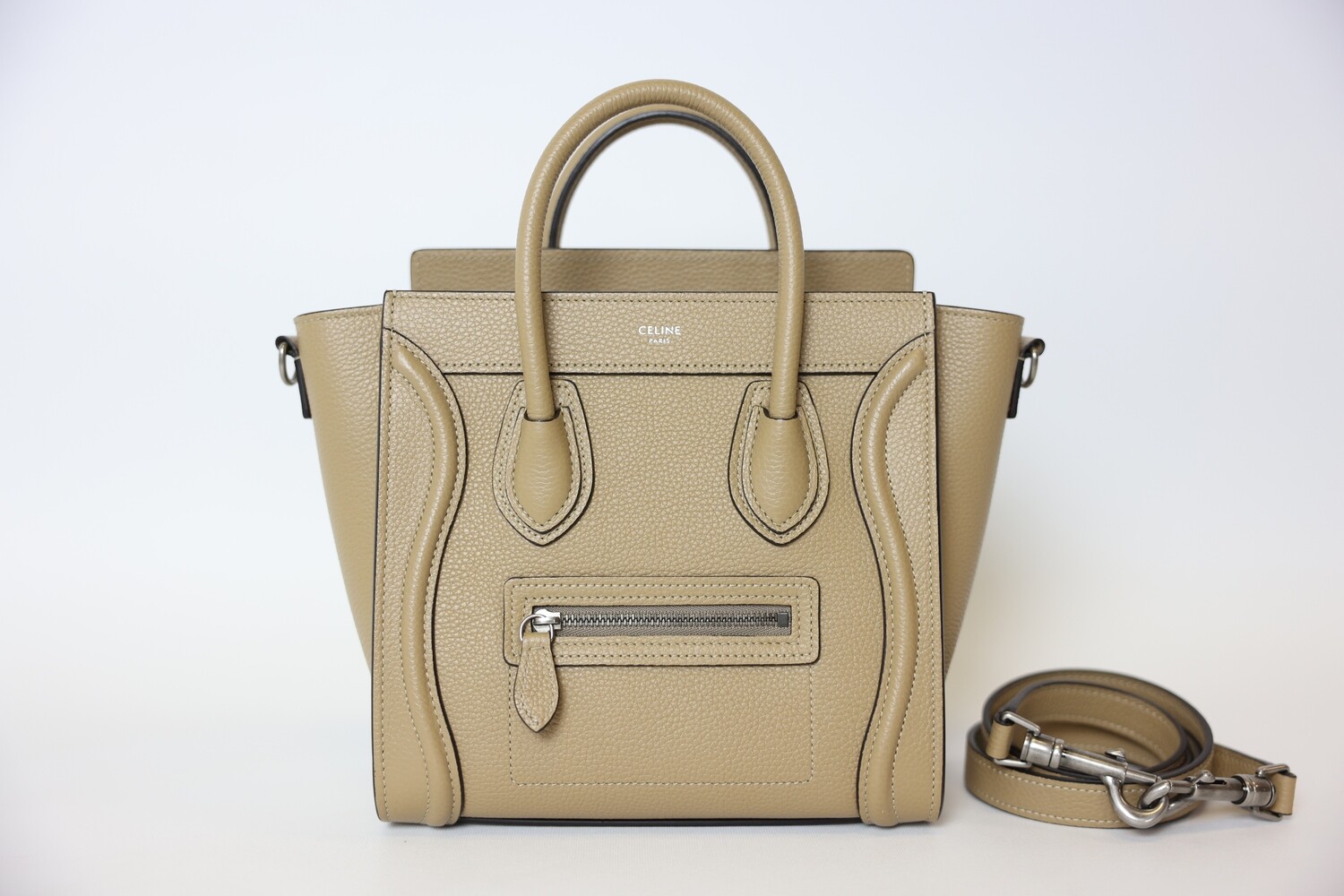 Celine Luggage Bag Nano, Dark Beige Grainy Leather With Silver Hardware, Preowned In Dustbag WA001