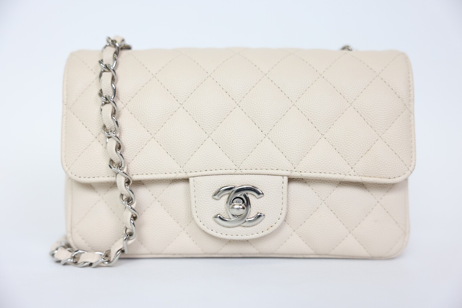 Chanel Classic Mini Rectangular, Light Beige Cavair Leather With Silver Hardware, Preowned In Dustbag WA001