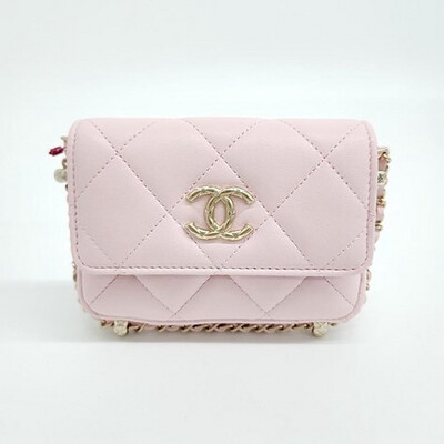 Chanel SLG Card Holder With Chain, Large CC, Light Pink Lambskin Leather, Gold Hardware, New in Box GA001P