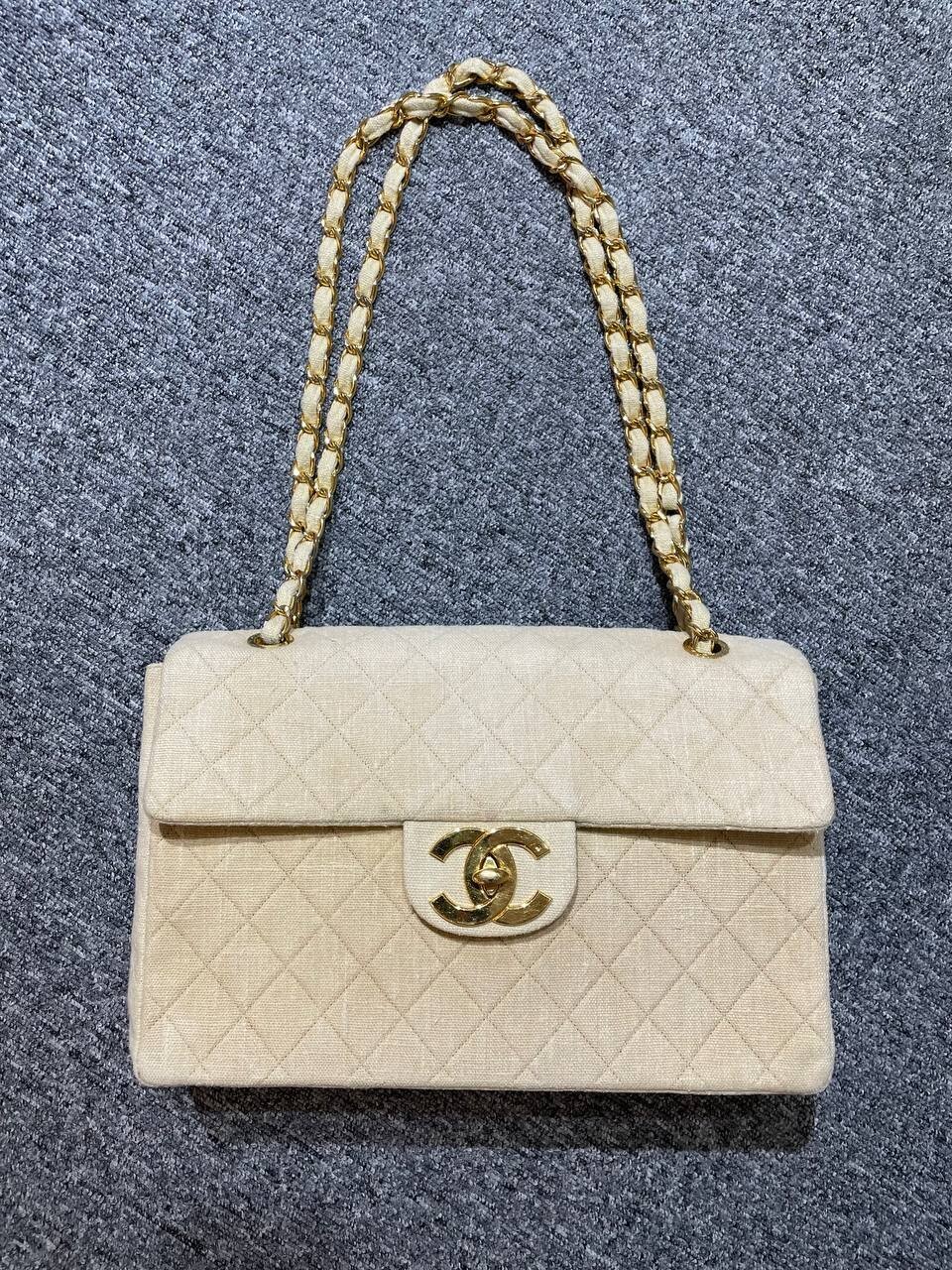 IGLIVE Chanel Vintage XL Jumbo Single Flap Beige Linen 24K Gold Hardware (Ships from Overseas) 20240207