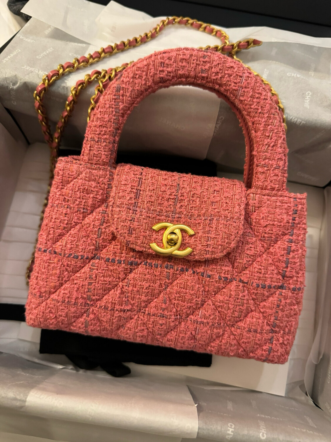 Chanel Kelly Bag, Small, Pink Tweed with Gold Hardware, New In Box GA001