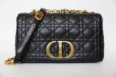 Christian Dior Caro Bag, Medium Black Calfskin With Gold Hardware, Preowned In Box WA001
