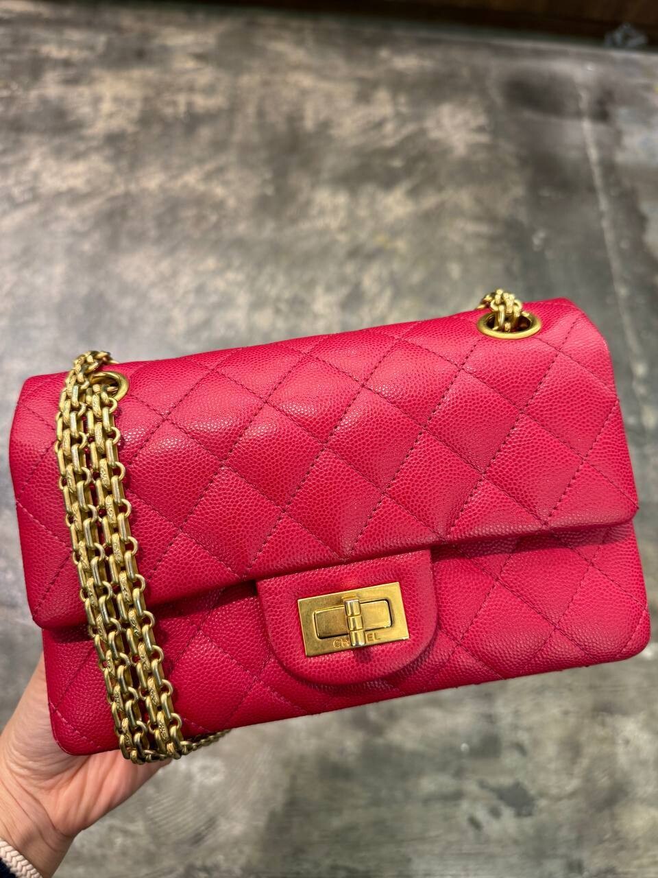 IGLIVE Chanel Reissue Double Flap Mini, Dark Pink Caviar Leather with Brushed Gold Hardware, Preowned No Dustbag, No card