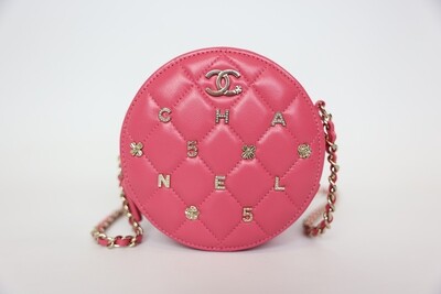 Chanel Lucky Charms Round Clutch, Pink Lambskin with Gold Hardware, Preowned in Box WA001