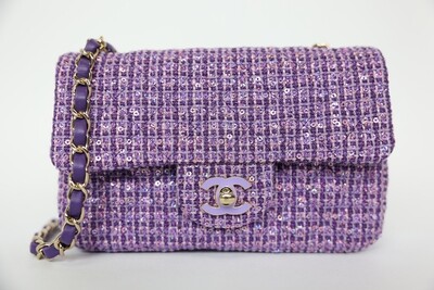 Chanel Classic Mini Rectangular, Purple Tweed, Enamel And Sequins With Gold Hardware, New In Box WA001