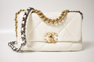 Chanel 19 Small, White Lambskin Leather Mixed Hardware, Like New in Box GA001P