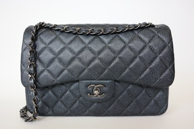 Chanel Classic Double Flap Jumbo, Dark Grey Metallic Caviar Leather With Ruthenium Hardware, Preowned In Box WA001
