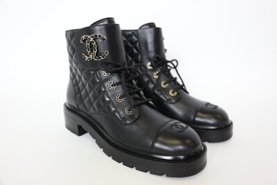 Chanel Lace Up Combat Boots Size 40, Black Lambskin with Gold Hardware, Preowned in a Box WA001