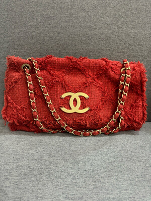 Chanel Seasonal Bag, Red Tweed With Gold Hardware Preowned In Dustbag, WA001