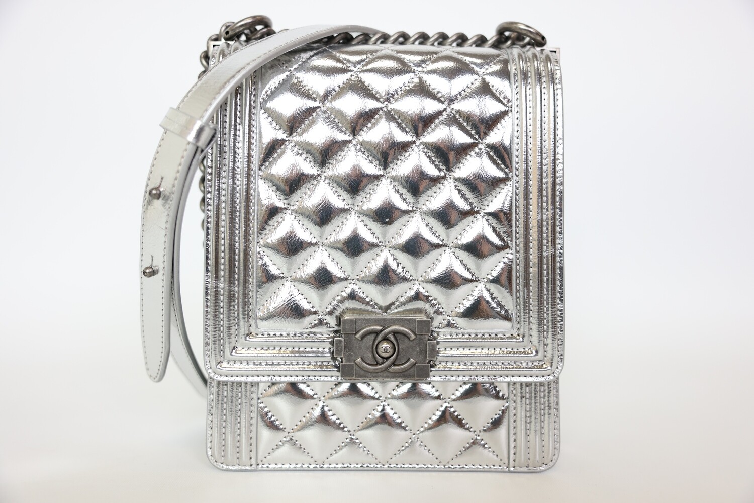 Chanel North South Boy, Silver Metallic Goatskin Quilted With Ruthenium Hardware, New In Box WA001