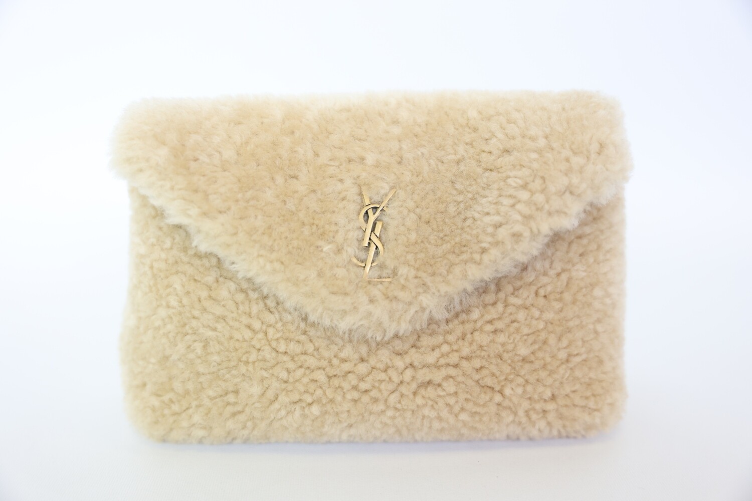 Saint Laurent Small Puffer Pouch Clutch, Beige Shearling With Gold Hardware, New In Box WA001