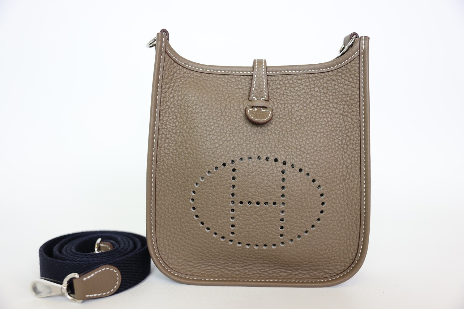 Hermes Evelyn TPM, Etoupe Clemence With Palladium Hardware and Navy Strap, New In Box WA001