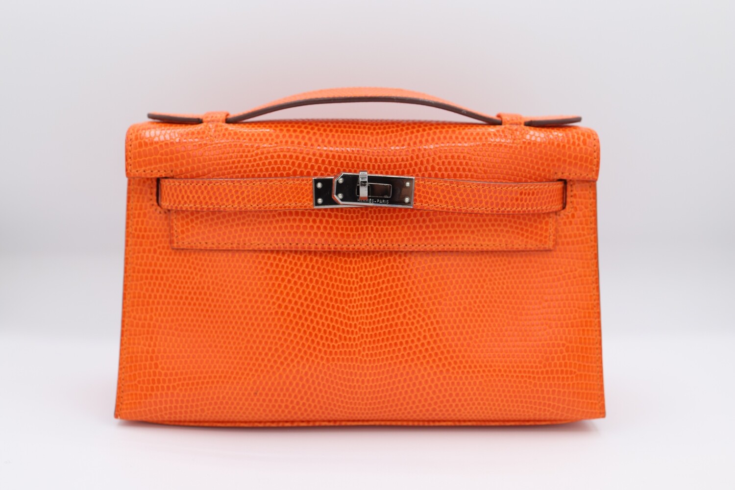 Hermes Kelly Pochette, Orange Lizard Leather, Palladium Hardware, Preowned in Box CMA001