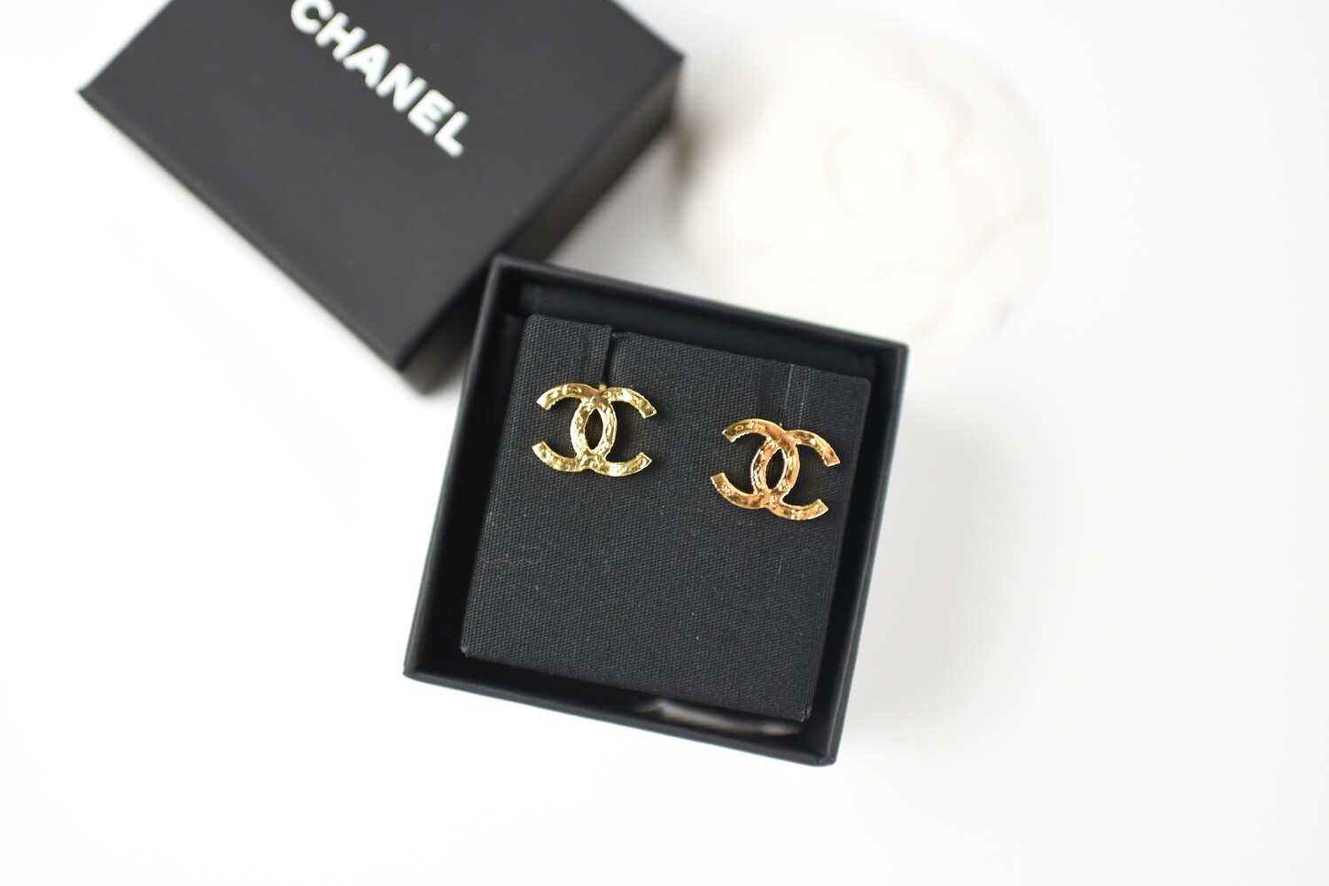 Chanel Earrings, CC Studs (No Stone), Gold Hardware, New in Box GA001