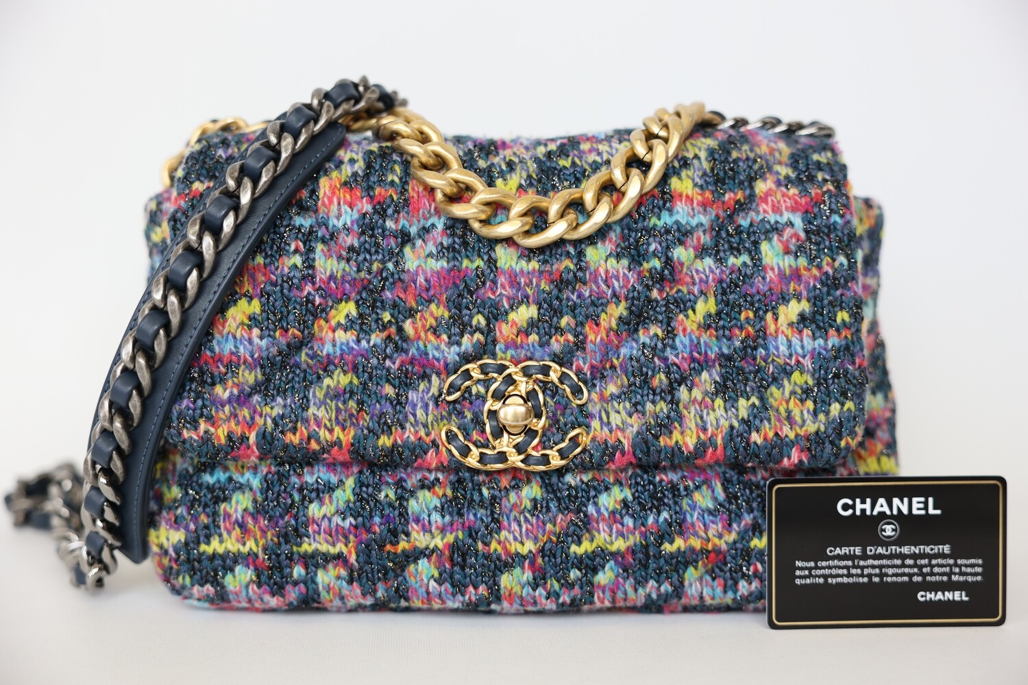 Chanel 19 Small, Tweed Rainbow With Gold Hardware, Preowned In Dustbag WA001