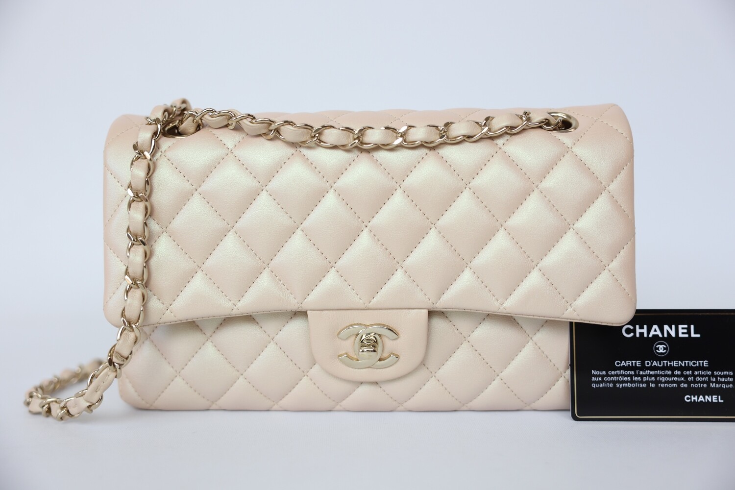 Chanel Classic Double Flap Medium Iridescent Beige Lambskin Leather With Gold Hardware Preowned In Box WA001