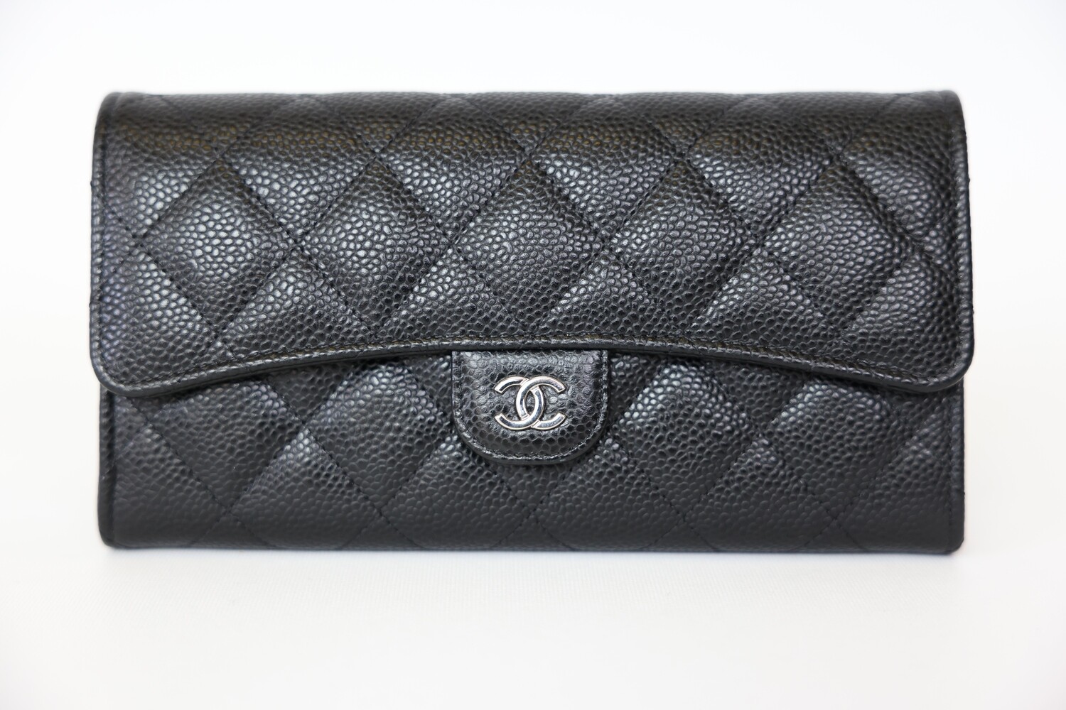 Chanel Long Wallet, Black Caviar Leather With Silver Hardware, Preowned In Box WA001