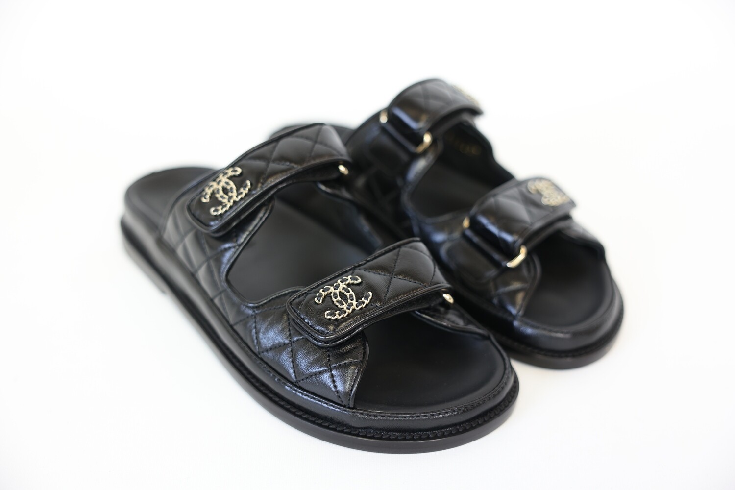 Chanel Dad Sandals Mules, Black Lambskin Leather, Size 40, New In Box CA001V