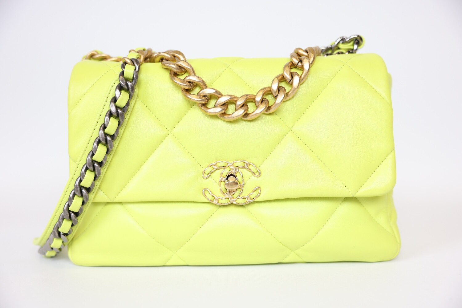 Chanel 19 Large, Neon Yellow Lambskin with Gold Hardware, Preowned in Box WA001