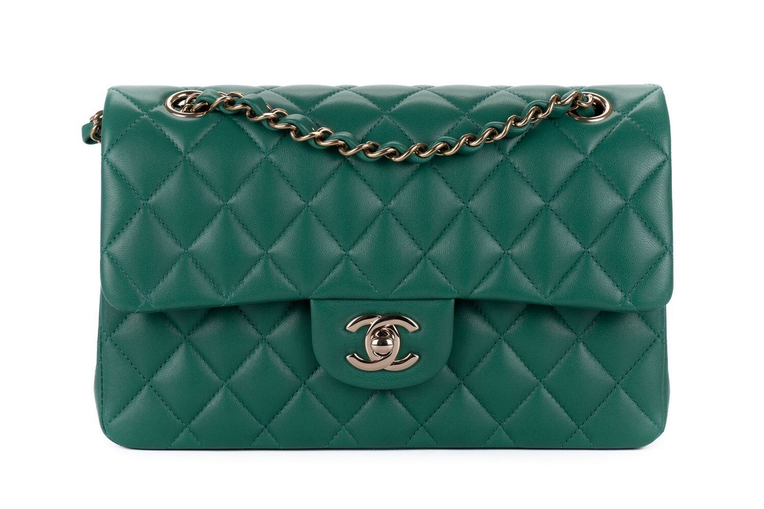 Chanel Classic Small Double Flap, Green Lambskin Leather, Gold Hardware, Preowned In Box (Ships From London)