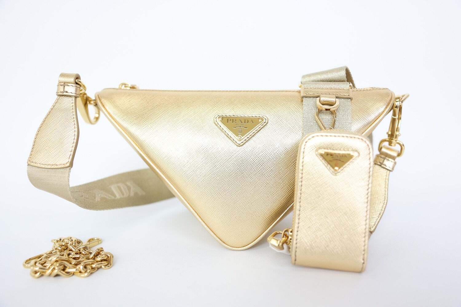 Prada Triangle Saffiano Shoulder Bag, Gold Leather With Gold Hardware, New In Box WA001