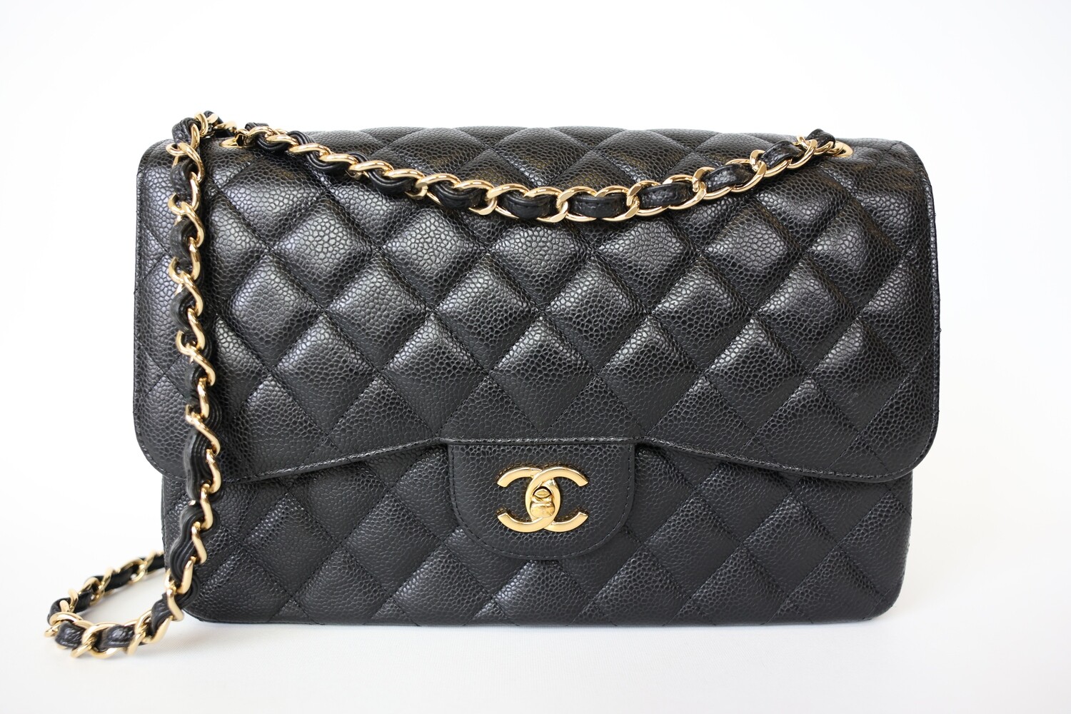 Chanel Classic Double Flap Jumbo, Black Quilted Caviar with Gold Hardware, Preowned in Box WA001
