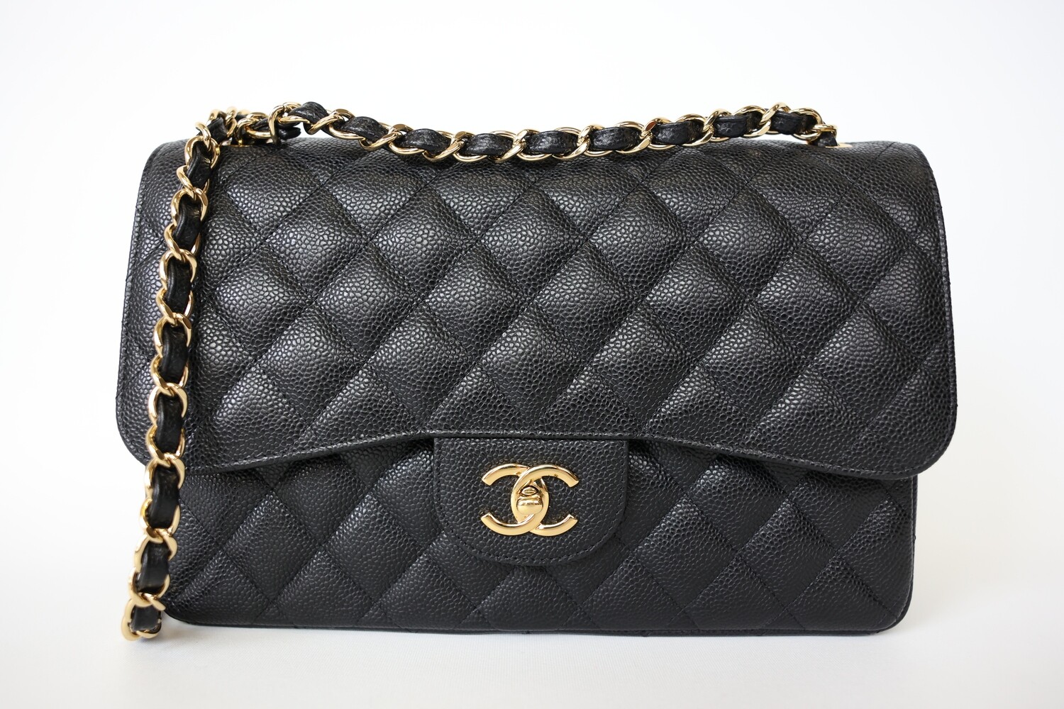 Chanel Classic Double Flap Jumbo, Black Caviar Leather With Gold Hardware, Preowned In Box WA001