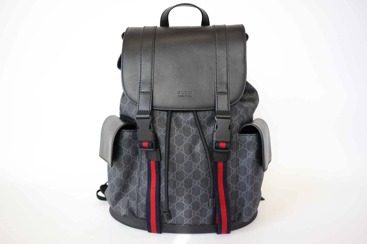 Gucci Signature Buckle Backpack, Black And Gray Leather, Preowned In Dustbag WA001