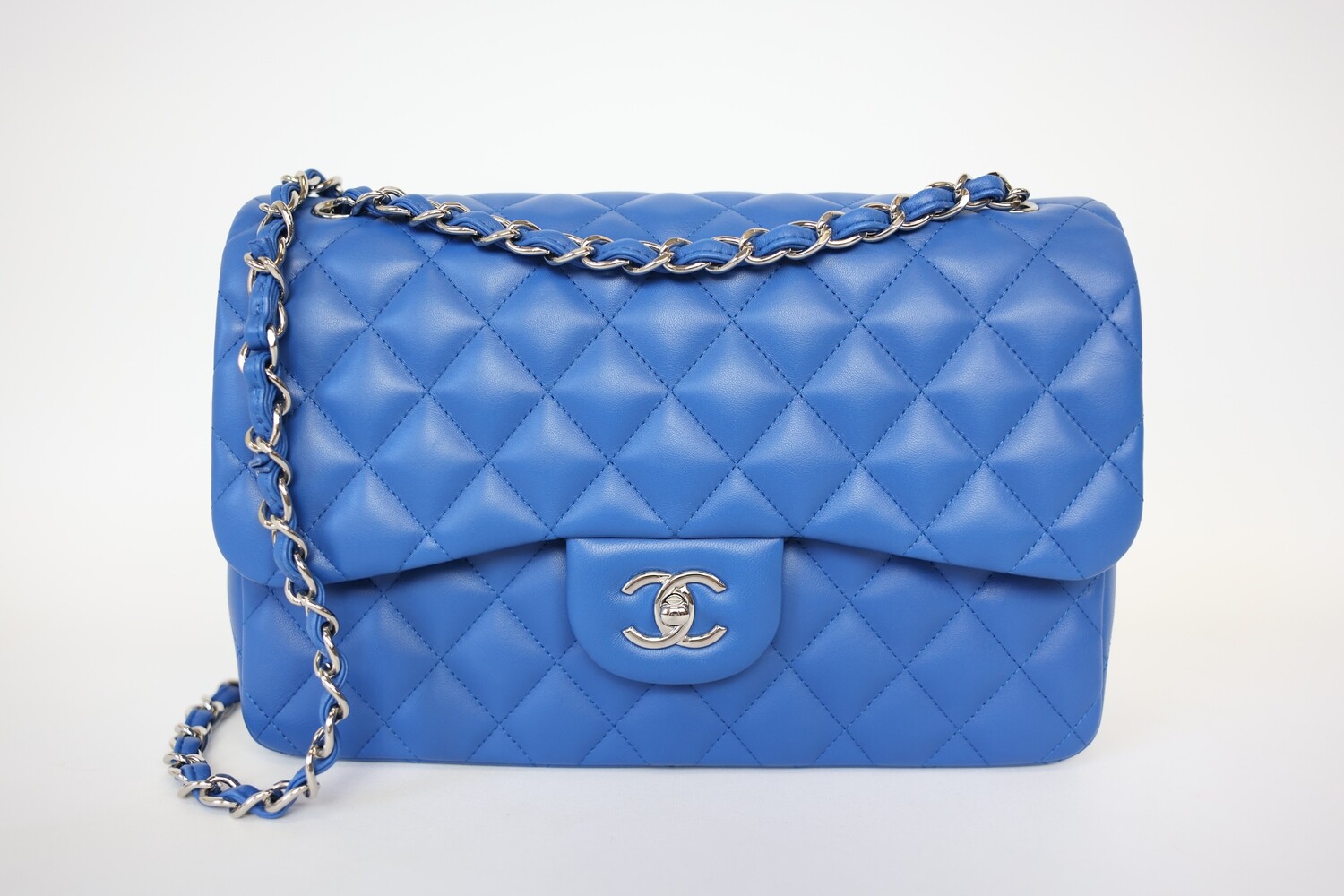 Chanel Classic Double Flap Jumbo, Blue Lambskin Leather With Silver Hardware, Preowned In Box WA001