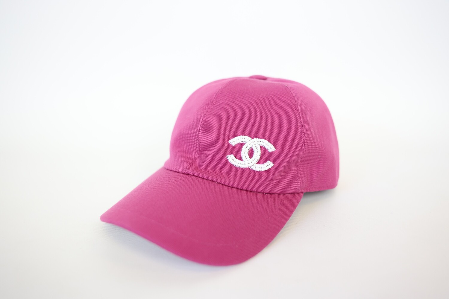 Chanel Baseball Cap, Fuchsia Canvas With Whited Beaded CC, New No Dustbag WA001