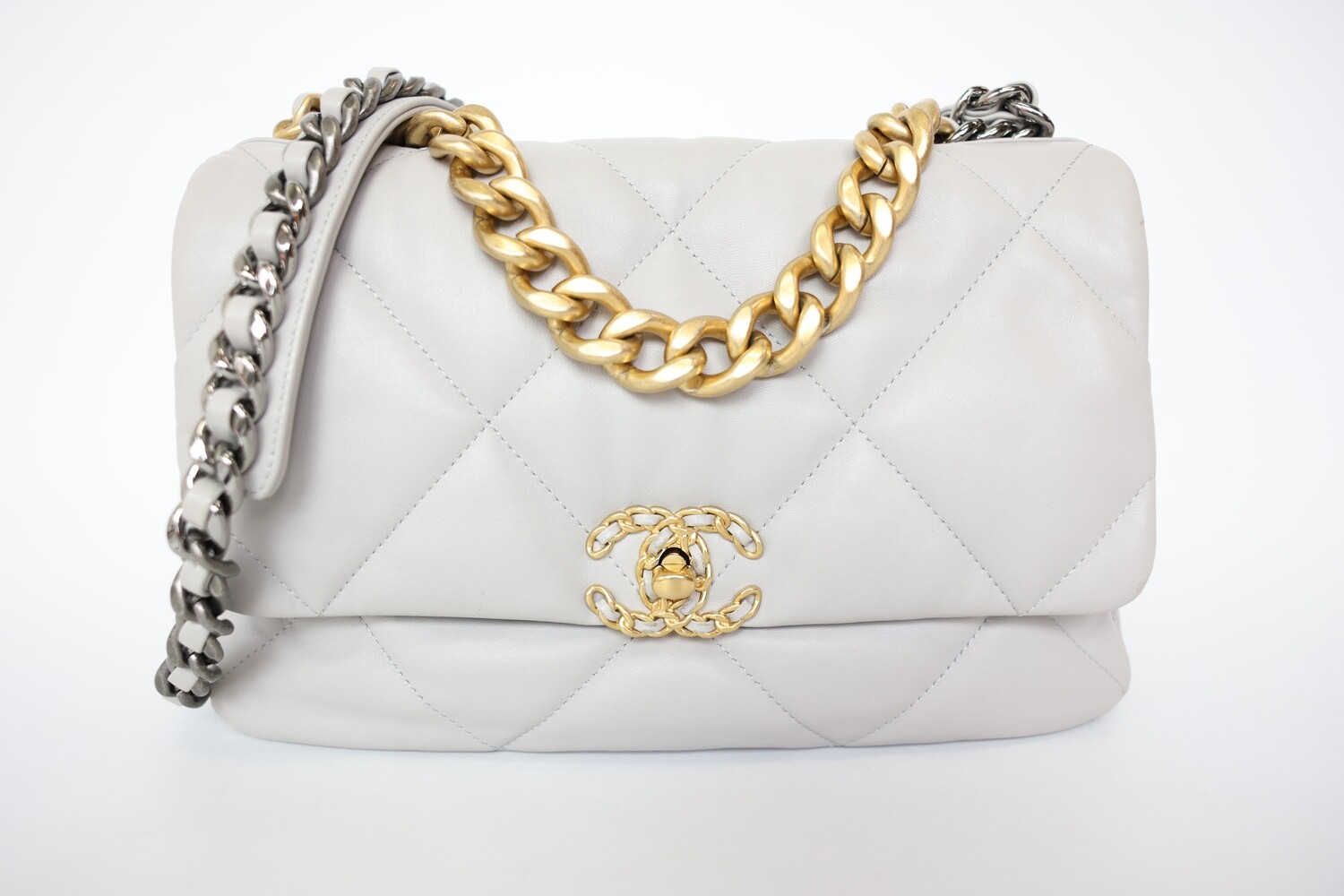 Chanel 19 Large, Gray Lambskin Leather With Gold And Silver Hardware, Preowned In Box WA001