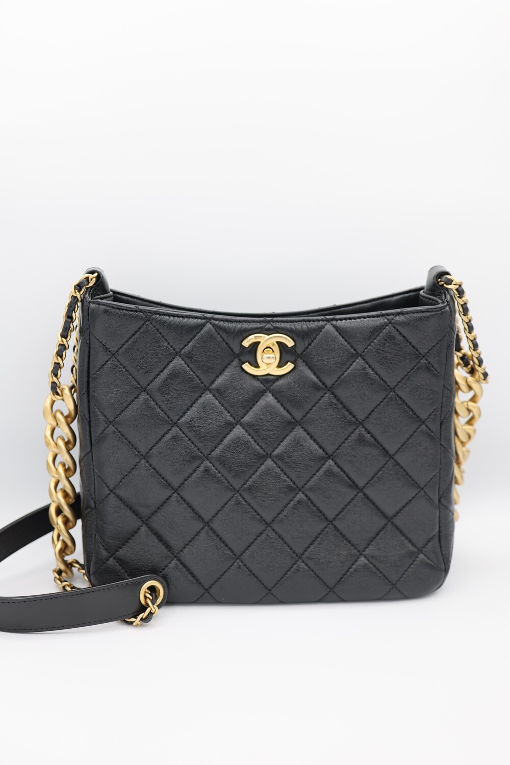 Chanel Hobo Bag, Black Calfskin Leather, Brushed Gold Hardware, Preowned in Dustbag MA001