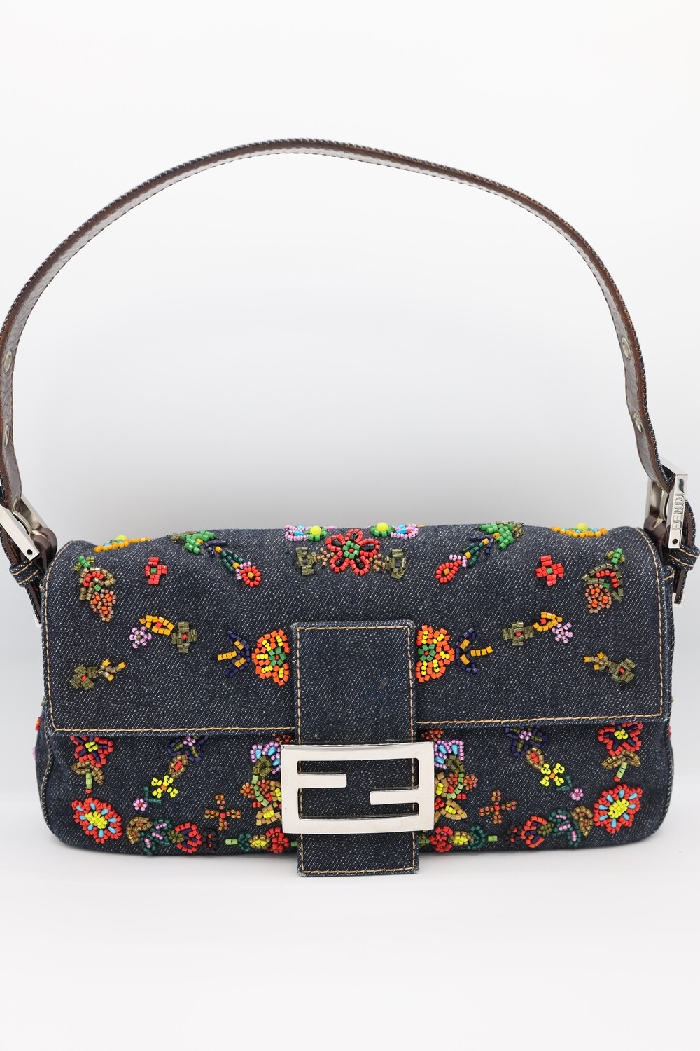 Fendi Baguette, Blue Denim with Beaded Flower Embroidery, Preowned in Dustbag MA001