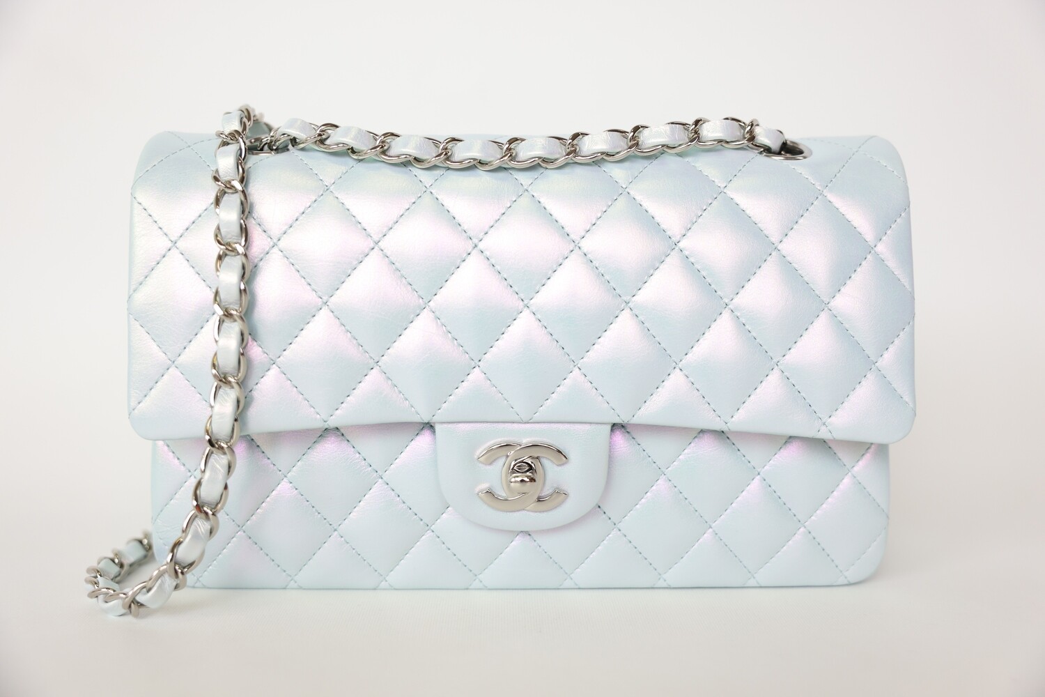 Chanel Classic Double Flap Medium, Blue Iridescent Lambskin Leather With Silver Hardware, New In Box WA001