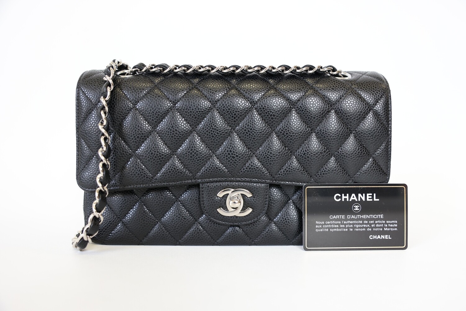Chanel Classic Double Flap Medium, Black Caviar Leather With Silver Hardware, Preowned In Box WA001