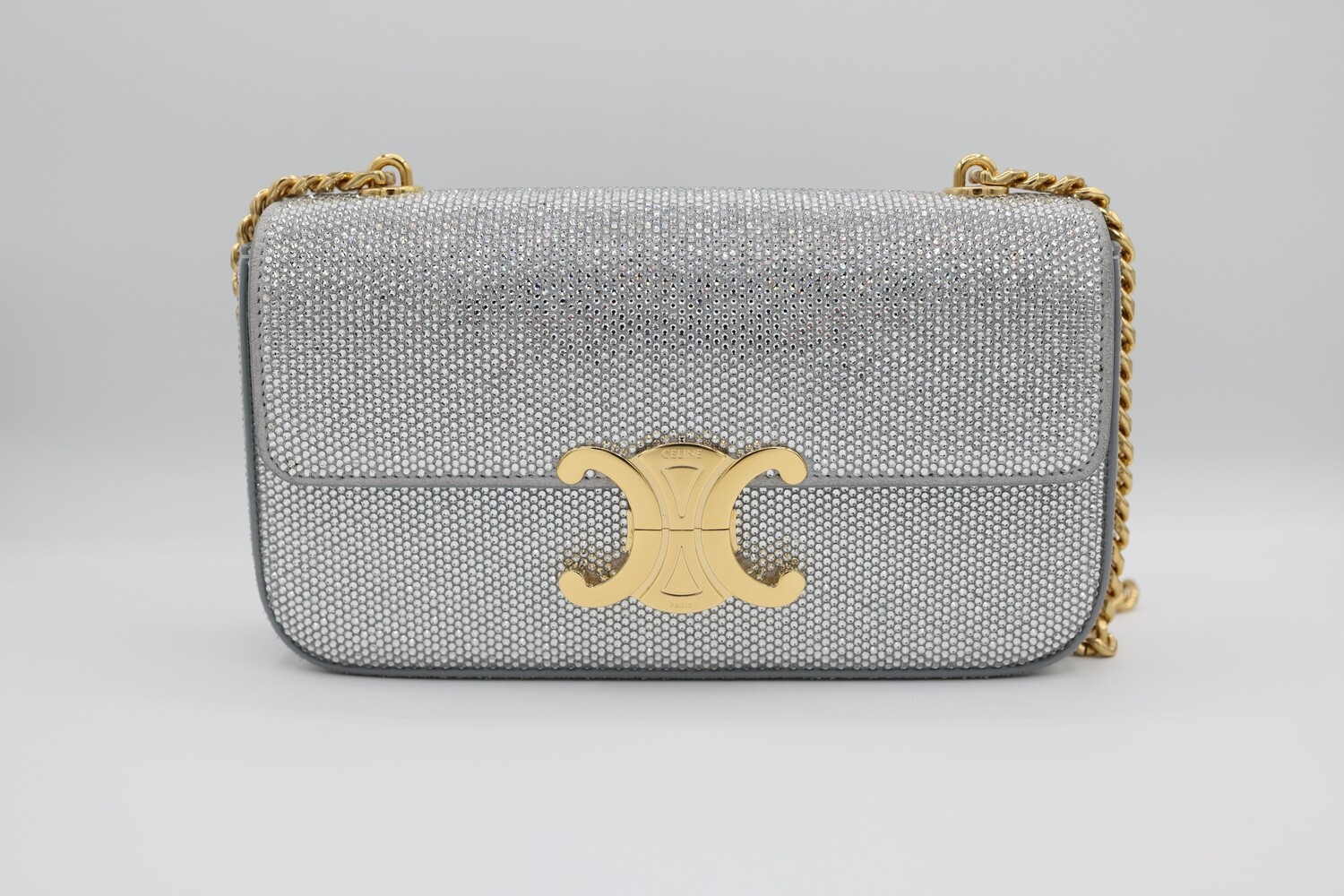 IGLIVE Celine Chain Shoulder Bag, Silver Calfskin with Strass, Preowned in Dustbag CMA001 20240614