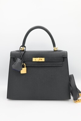 Hermes Special Order Kelly 25, Black Chevre, Blue Electric Interior, Brushed Gold Hardware, Like New in Box CMA001