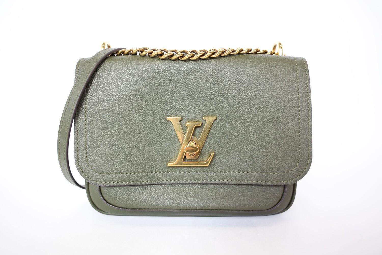 Louis Vuitton Lockme Chain Bag PM, Dark Green Leather With Gold Hardware, Preowned In Box WA001