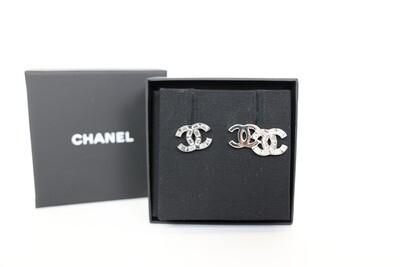 Chanel Stud Earrings, CC with Rectangular Crystals, Silver, Preowned in Box WA001