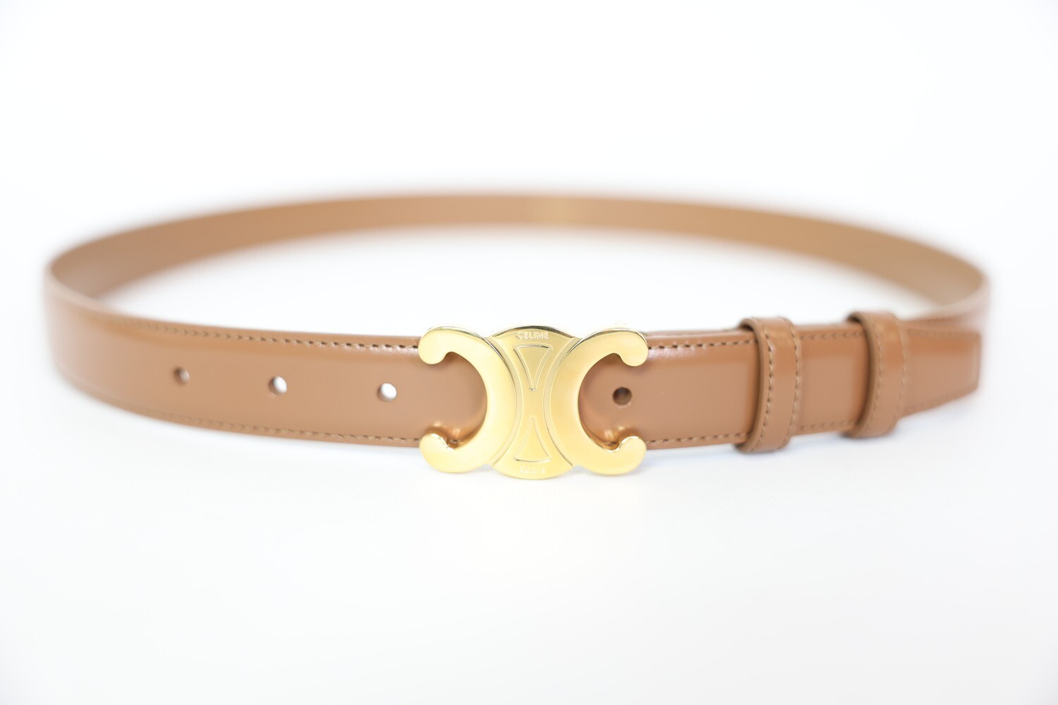 Celine Triomphe Belt, Tan Leather with Gold Hardware, Size Celine Triomphe Belt, Tan Leather with Gold Hardware, Size
