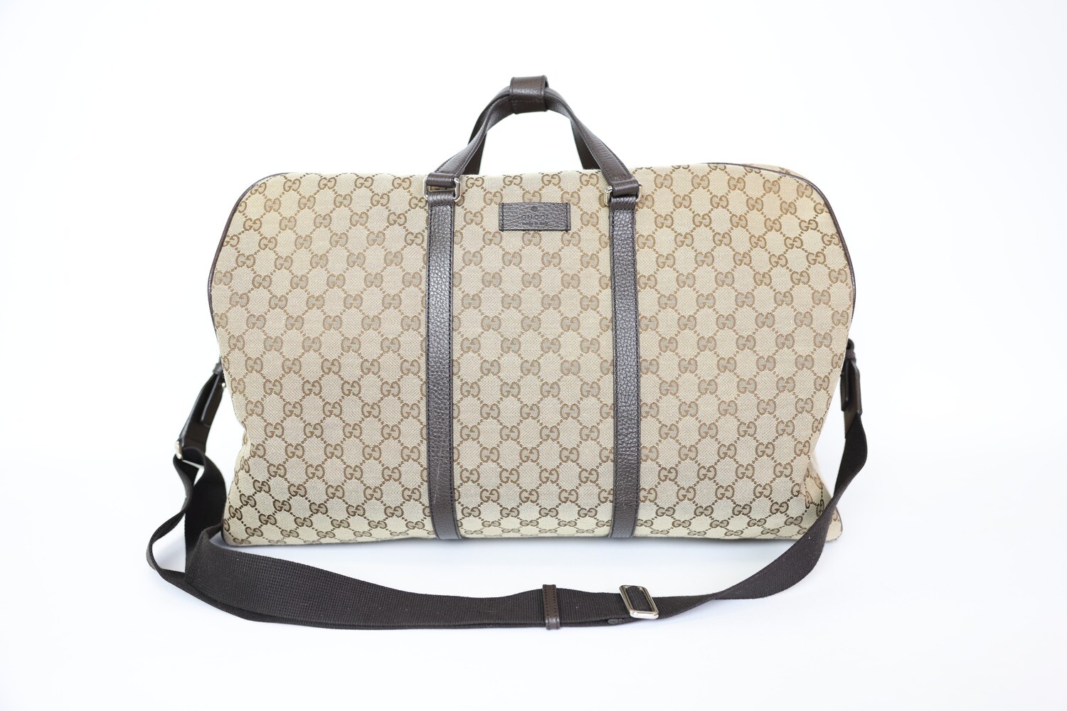 Gucci Boston Duffle Bag, Monogram Beige Calfskin With Silver Hardware, Preowned No Dustbag WA001