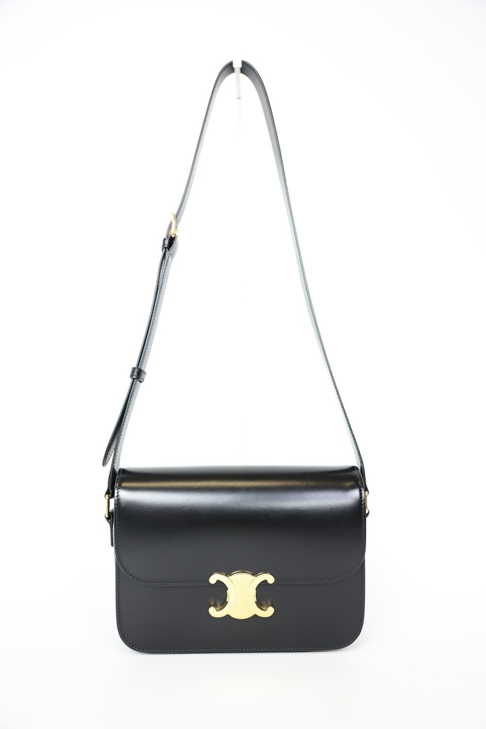 Celine Triomphe Shoulder Bag Medium, Black Smooth Calfskin Leather With Gold Hardware, Preowned In Box WA001