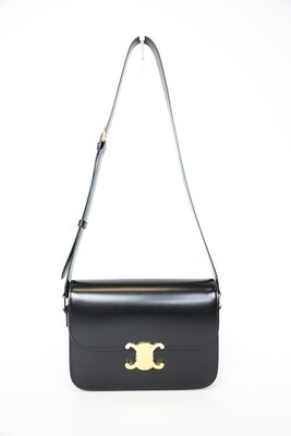Celine Triomphe Shoulder Bag Medium, Black Smooth Calfskin Leather With Gold Hardware, Preowned In Box WA001